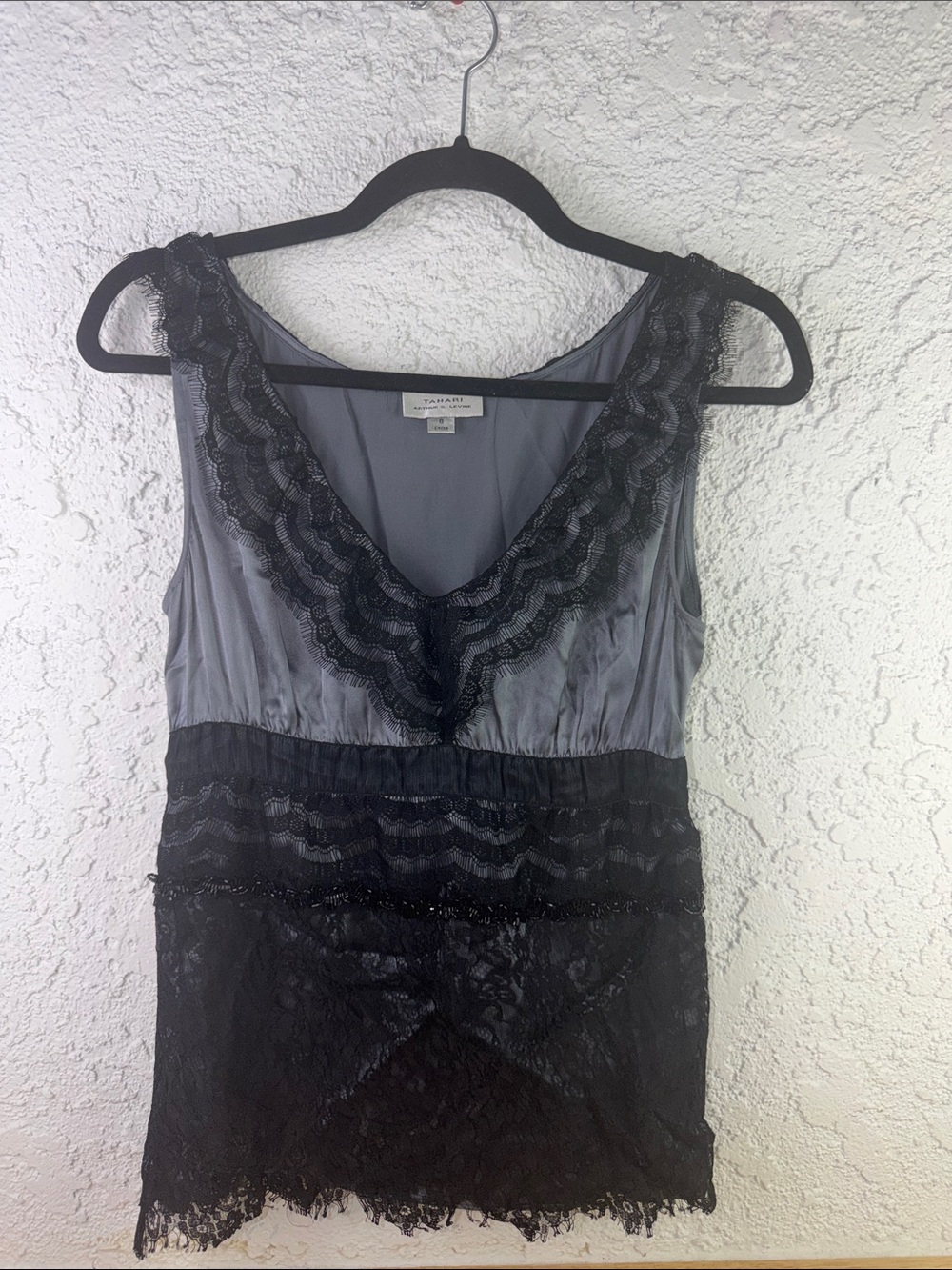TAHARA Gray and Black Lace Trim Chemise Top